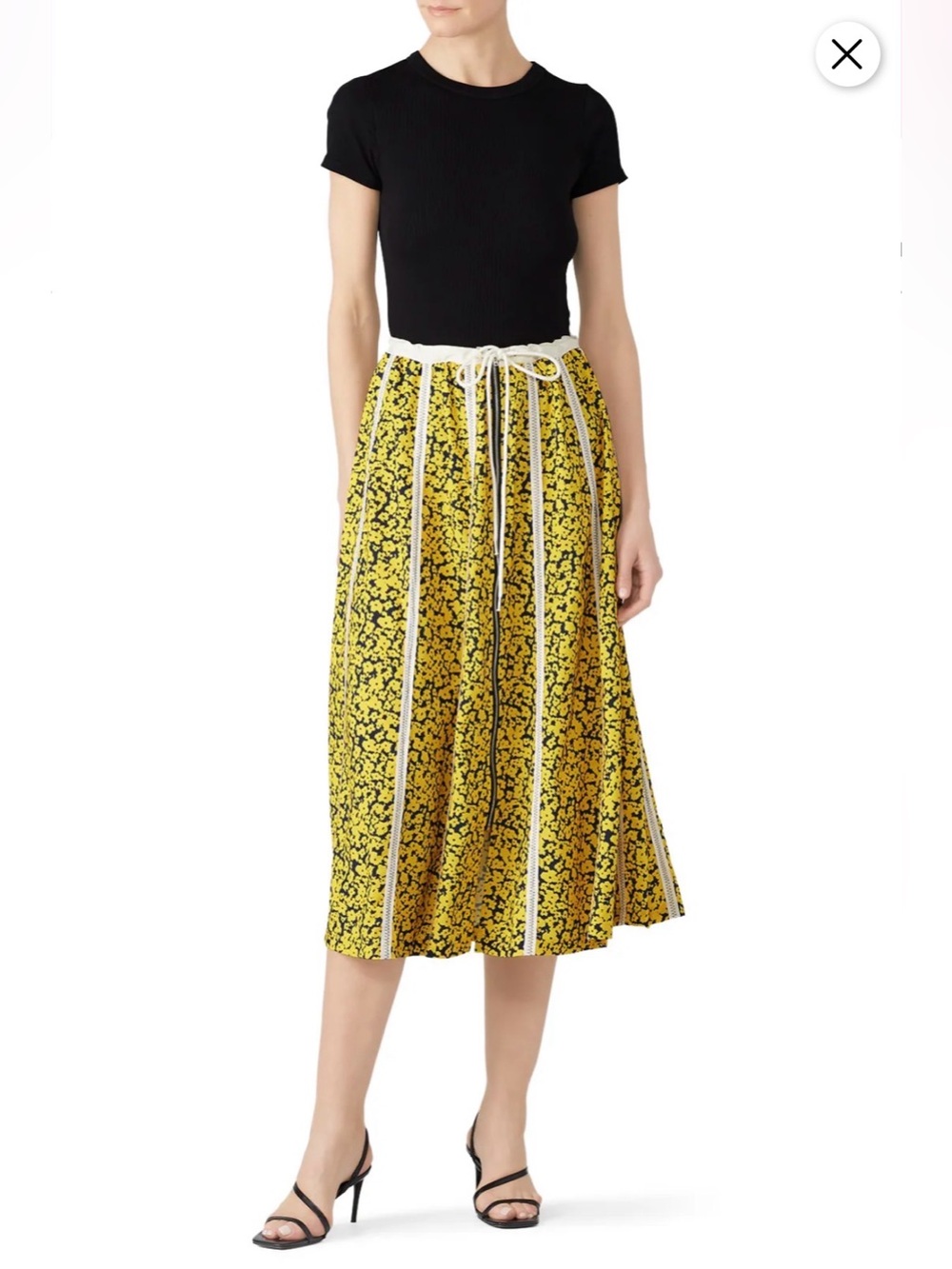 Derek Lam Midi Floral Skirt Yellow & Navy w White Trim Boho Chic Artsy Size 6